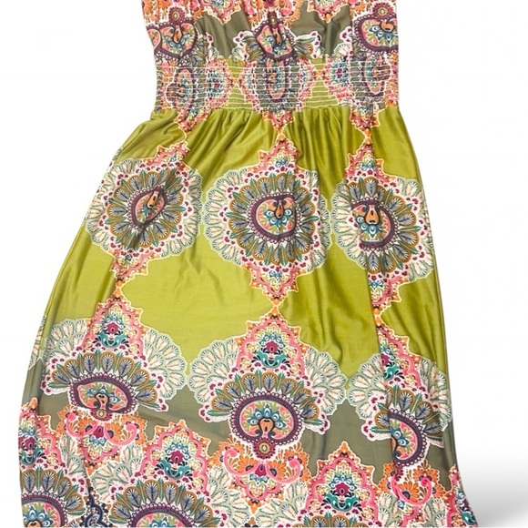 Sunny Leigh Paisley Print Green Button Strap Stretchy Boho Sundress - Size 1X - Picture 10 of 10